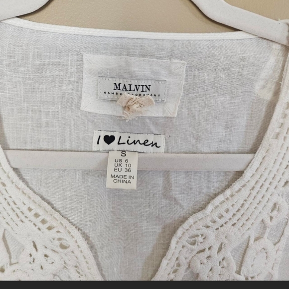 Malvin Hamburg 100% Linen White Tunic Dress Small Boho Cottagecore Crochet Neck - Picture 3 of 4
